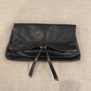 Kenneth Cole large black leather clutch purse lime green lining